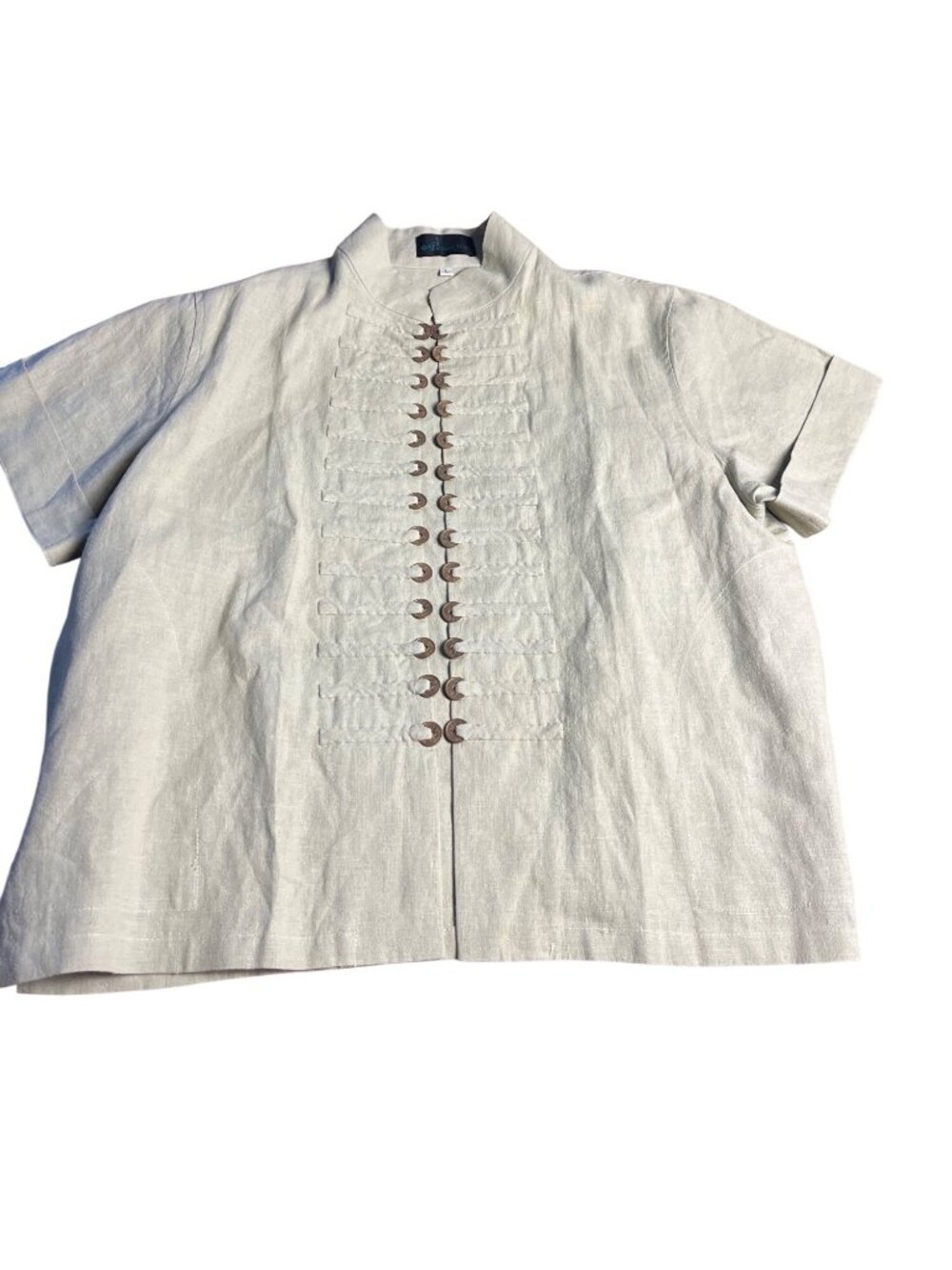 Peacock Ways green L 100% Linen Open Front Cardigan Coin short sleeve Jacket
